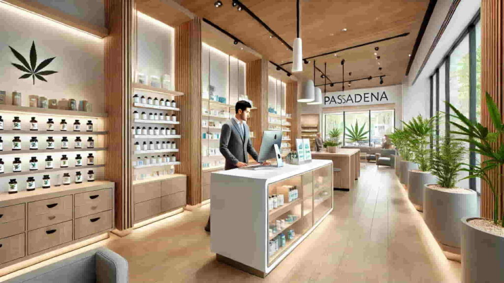 Interior view of a modern Pasadena cannabis dispensary showing clean, professional retail space with a licensed budtender assisting a customer.